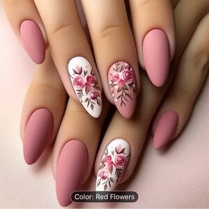 Designer 24Pcs Medium Length Almond Shaped Matte Texture Pink Floral Design